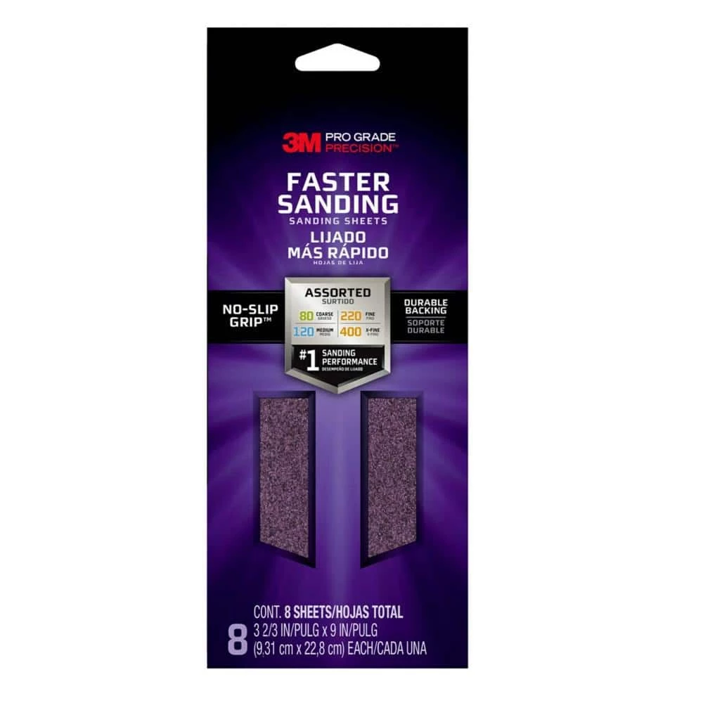 Pro Grade Precision 3-2/3 in. x 9 in. Faster Sanding Sanding Sheets, Assorted Grit (Pack of 18) by 3M 3 Pro Grade Precision 3-2/3 in. x 9 in. Faster Sanding Sanding Sheets, Assorted Grit (Pack of 18) by 3M