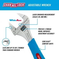 Slim Jaw WideAzz 8 in. Adjustable Wrench with Code Blue Comfort Grip by Channellock -Outlet Kreg Store channellock adjustable wrenches 8swcb 44 1000